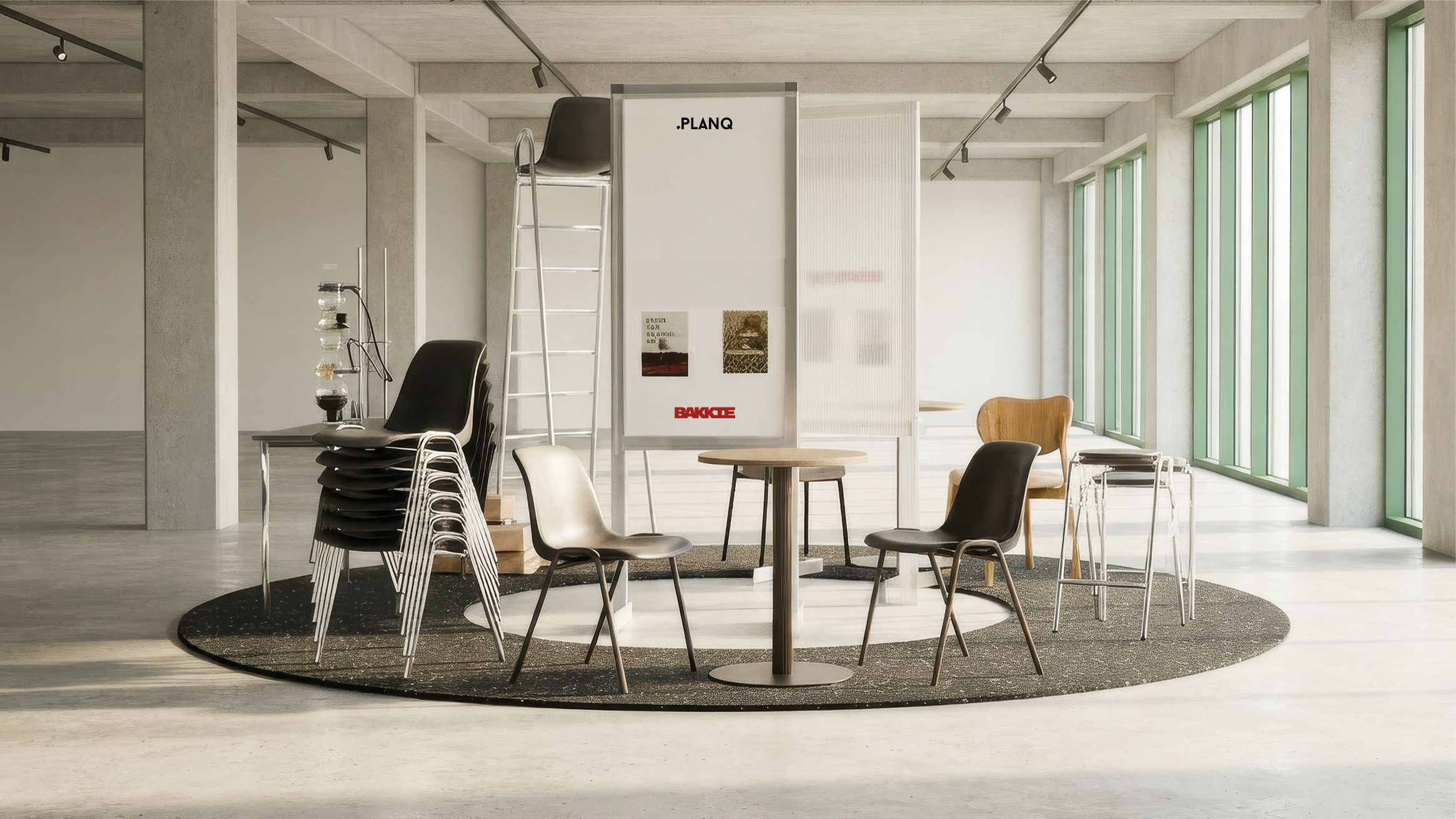 PLANQ’s BAKKIE project image showing shell chairs, a table and stacked seating in a bright interior.